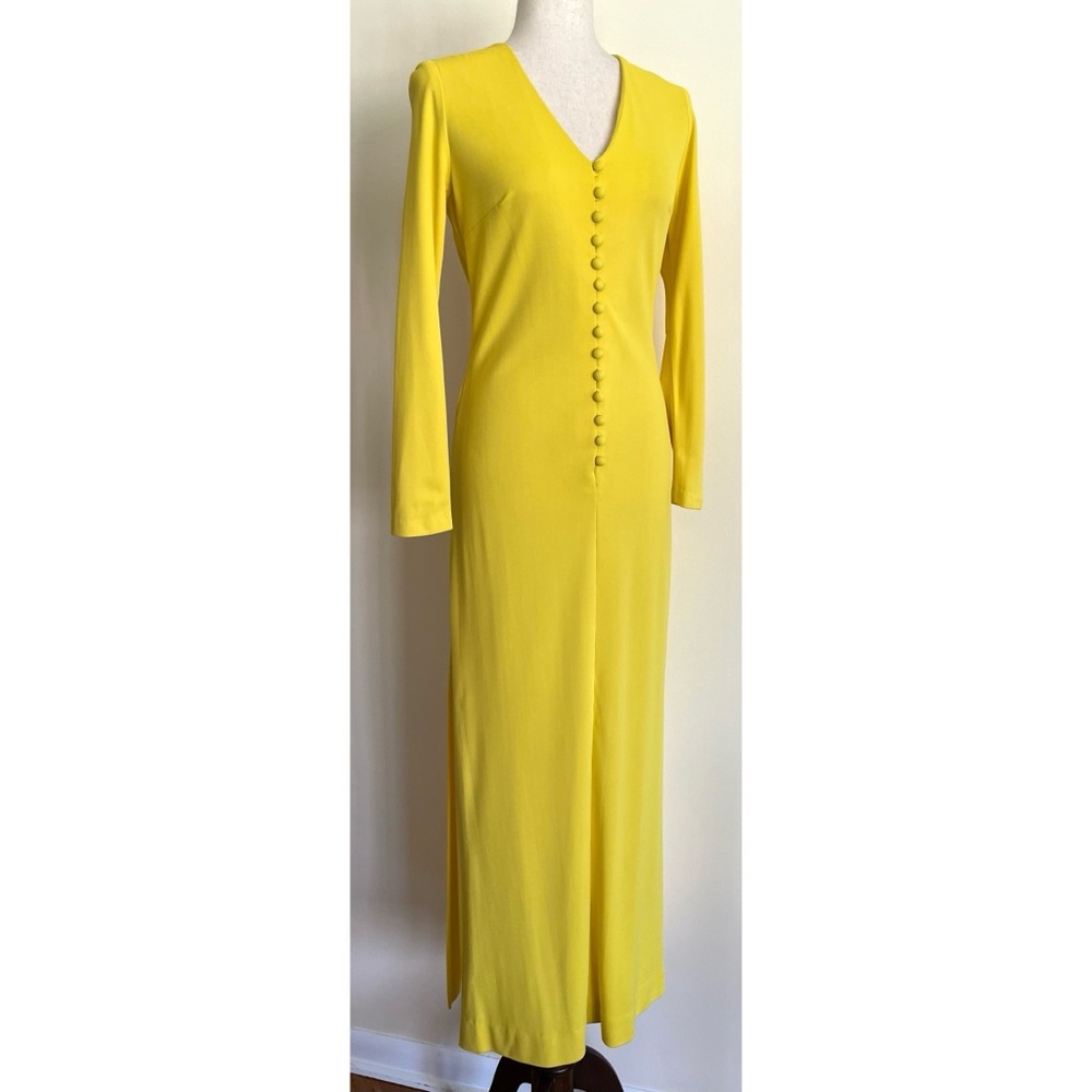 Vintage 60s 70s MOD Maxi Dress Bright Yellow Button Loops Front Side Slits Small